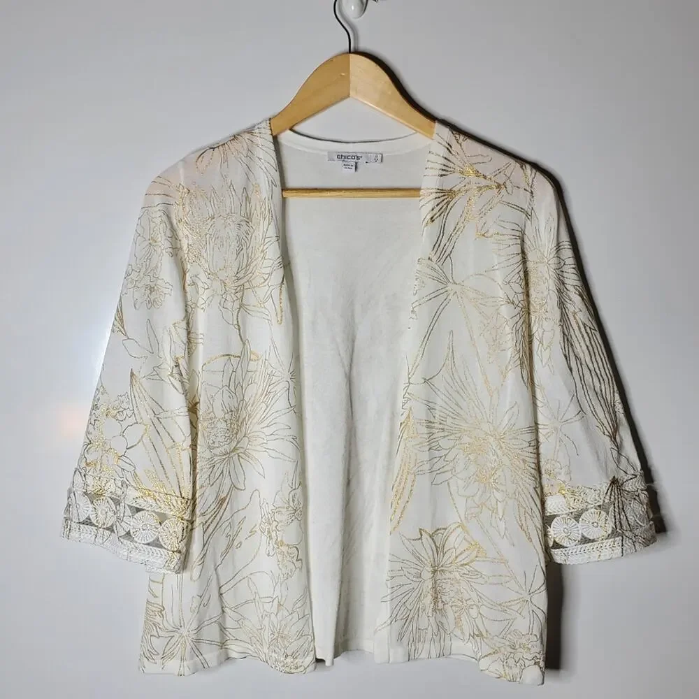 Chico's Cotton blend gold metallic floral design with 3/4 cutout sleeves